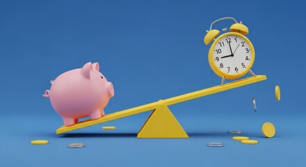 The Weight of Savings - A Pink Piggy Bank Outweighs a Yellow Alarm Clock on a Financial Seesaw.