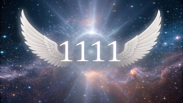 A white angel number "1111" floats in the center of the image with angel wings. Behind it is a universe with sparkling lights and beautiful galaxies,