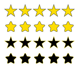Five stars rating icon set with yellow stars for customer reviews, product ratings, and feedback interface design