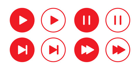 Play button icon set with pause, next, start, click, and record buttons for video and audio player interface design in red color
