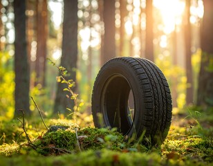 Tire in forest at sunset