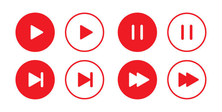 Play button icon set with pause, next, start, click, and record buttons for video and audio player interface design in red color
