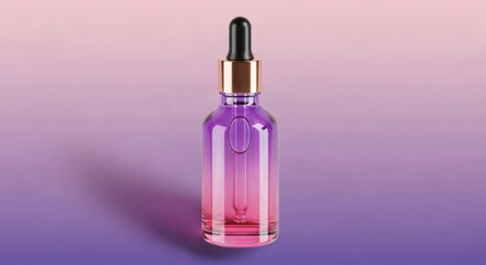 Elegant Ombre Glass Serum Bottle with Gold Dropper on a Purple and Pink Gradient Background.