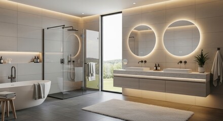 Serene Bathroom Sanctuary with Dual Illuminated Mirrors and a Lush Nature View