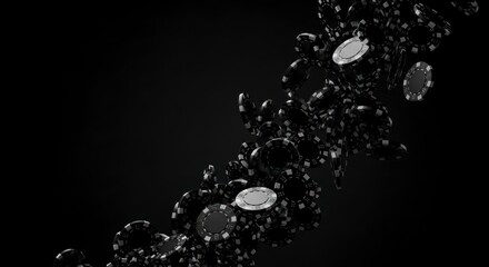 High-Stakes Noir - A Dynamic Cascade of Black Poker Chips in Dramatic Light.