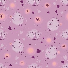 Fototapeta premium Delightful seamless pattern featuring cute purple sheep holding mugs, with hearts, stars, and sparkles on light purple background, perfect for kids' wallpapers or fabrics.