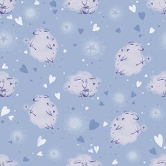 Obraz premium Whimsical blue Sheep with Mugs Seamless Pattern