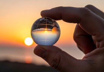 A Silhouetted Hand Gently Holds a Glass Globe Reflecting a Golden Sunset.