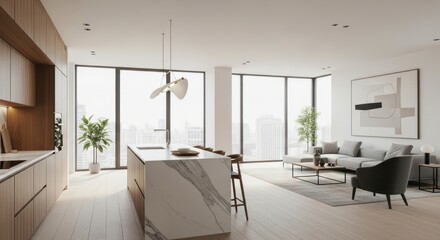 Sunlit Luxury Penthouse with Marble Waterfall Island and Panoramic City Views.