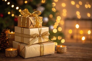 Stack of wrapped gifts with golden ribbons and candles against blurred lights