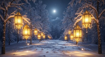 A Fairytale Winter Path Lined with Ornate, Glowing Lanterns Under a Moonlit Sky.