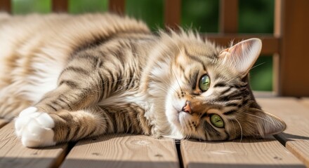 Sun-Kissed Fluffy Tabby Cat Tilts Head Curiously on a Wooden Deck.