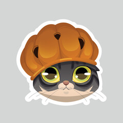 A whimsical vector sticker of an adorable kitten wearing a Halloween pumpkin like a little hat. This charming design is perfect for holiday greetings, social media fun, or spooky-cute decor.
