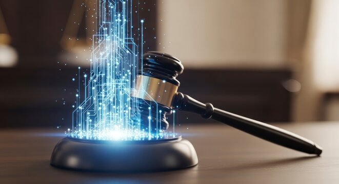 Verdict in the Digital Age - Luminous Gavel with Holographic Data Streams.