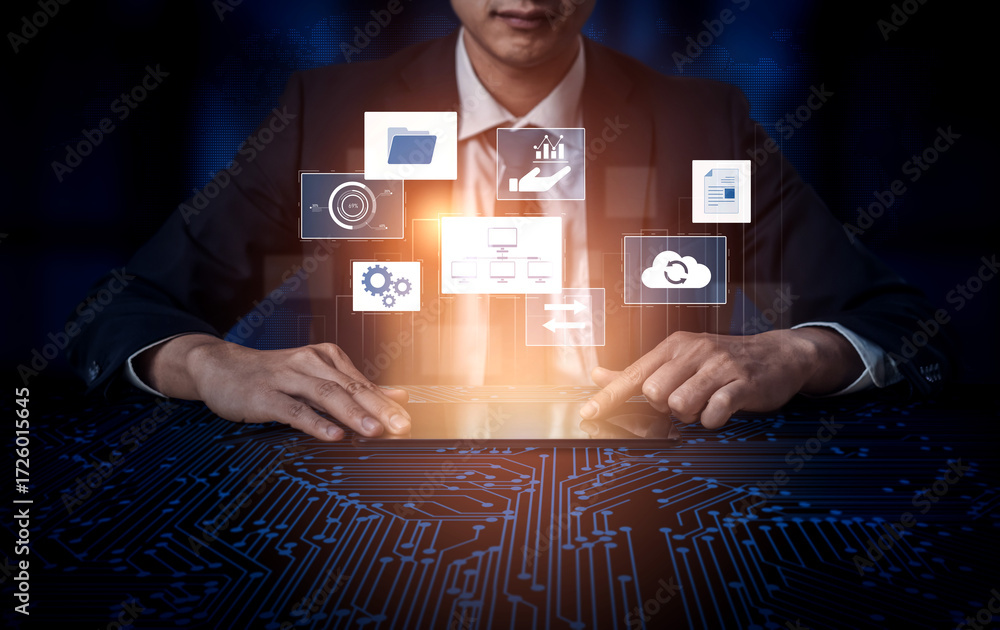 Poster digital business infrastructure with data system, analytics, sync. system management improves access