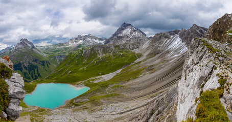 Panorama of Alps mountains on a sunny day. High resolution widescreen panorama of mountain...