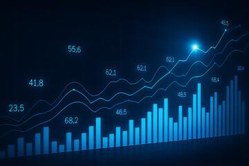 Economic data visualization with performance indexes and rising bar graphs in technology-driven virtual dashboard