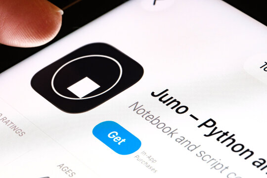 Juno Python on iPad with Apples new Liquid Glass updated app design iOS 26 developer tool listing for Python in App Store. Stafford, United Kingdom, September 25, 2025.