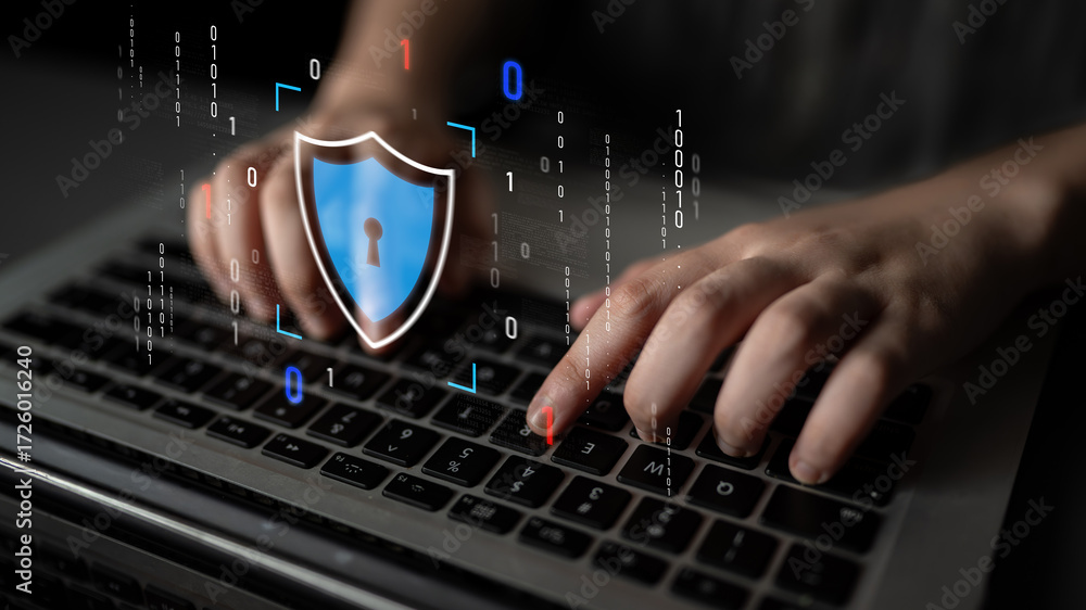 Poster cyber security protects against breaches, hacks, and network attacks using strong infrastructure and