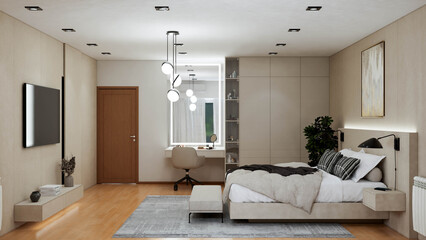 Interior design project in bedroom and private living room, with modern, minimalist and contemporary style