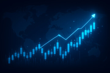 Futuristic finance chart with blue candlestick pattern showing growth metrics on world background
