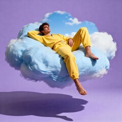A man in a lemon tracksuit rests on a pale blue cloud against a lilac background.