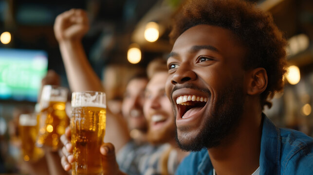 Friends of diverse backgrounds cheering and drinking beer at a pub, celebrating their team’s goal with enthusiasm, diverse pub cheering fans, sports victory beer toast, team goal c