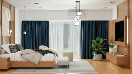 Interior design project in bedroom and private living room, with modern, minimalist and contemporary style