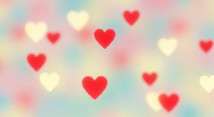 Floating Red and Cream Hearts on a Dreamy Pastel Bokeh Background