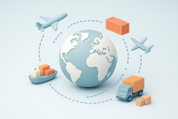 International logistics map with 3D cargo ship airplane truck boxes symbolizing transport trading supply chain worldwide coordination