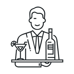 Bartender serving cocktails at a bar setting during an evening event. Vector black icon