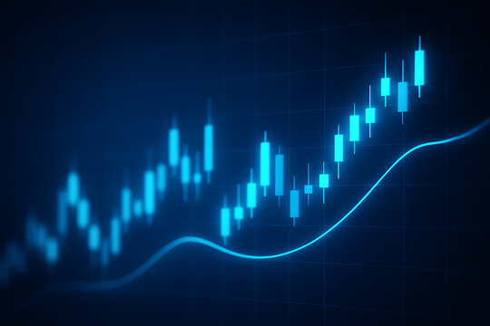 Investment stock chart showing bright glowing blue candles and predictive moving average flow line for trading analysis
