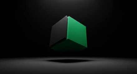 Mysterious Green and Black Cube Levitating in a Dark, Minimalist Void.