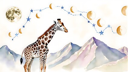 Giraffe standing before pastel mountains under moon phase arc and blue stars, in a dreamy and artistic celestial landscape.