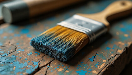 Fototapeta premium Paintbrush on wooden surface with blue paint splatters and worn texture, showcasing detailed bristles and handle, perfect for art projects and DIY crafts.