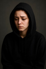 sad brunette girl in black sweatshirt. realistic photo of grief, depression, nervousness, tragic