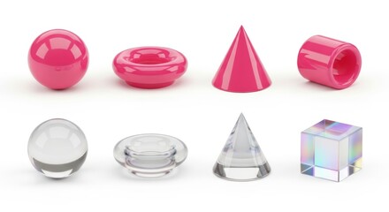 Duality in Form: Opaque Pink and Transparent Prismatic Geometric Shapes in Parallel Rows.