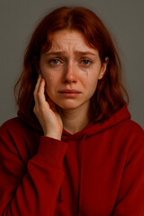 sad red haired girl in red sweatshirt. realistic photo of grief, depression, nervousness, tragic