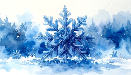 Watercolor snowflake in winter forest