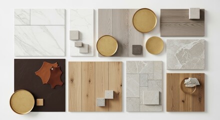 Elegant Interior Design Mood Board - A Flat Lay of Marble, Wood, and Brass Samples.