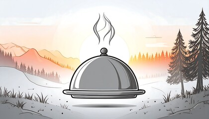 Steaming Food Dome in Serene Mountain Sunset Landscape
