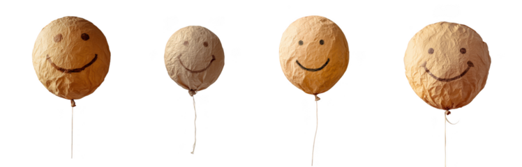 Four coconut shells with smiley faces drawn on them, isolated on transparent background