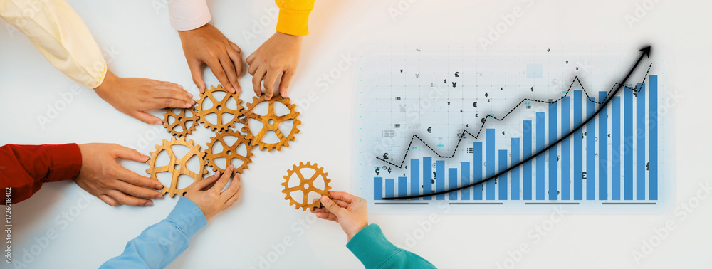 Poster diverse hands assembling gears symbolize teamwork, while a chart displays upward growth, emphasizing