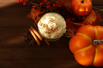 Warm pumpkin drink with whipped cream and autumn decorations on a wooden table