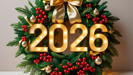 Elegant Holiday Greeting – “2026” in Festive Wreath with Gold Bow and Decorations

