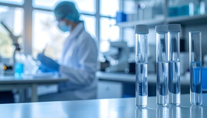 Laboratory Test Tubes with Scientist Blurred Background