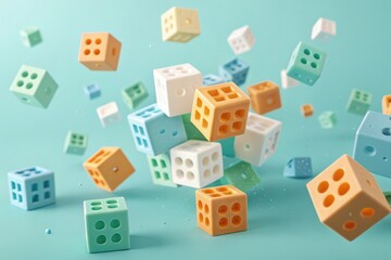 Pastel colored toy cubes floating in the air on a turquoise background