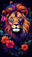 Vibrant lion portrait with flowers