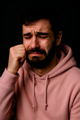 sad brunette men in pink sweatshirt. realistic photo of grief, depression, nervousness, tragic