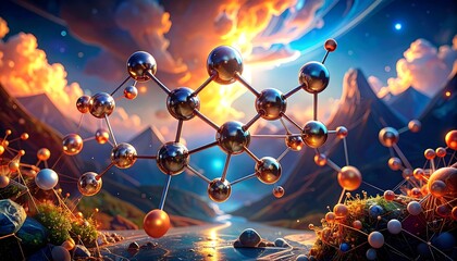 A breathtaking digital landscape showcasing a complex molecular structure against a vibrant sunset